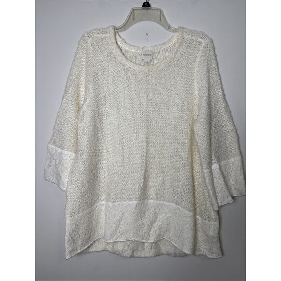 Chico’s Lace Trim Ivory Sweater Sz 3/XL Wool Blend Jasmine 3/4 Sleeve Pullover - Picture 1 of 9